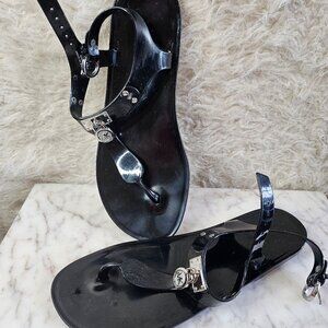 Michael Kors Women's Black Plate Jelly Flat Ankle Buckle Up Thong Sandals 7M